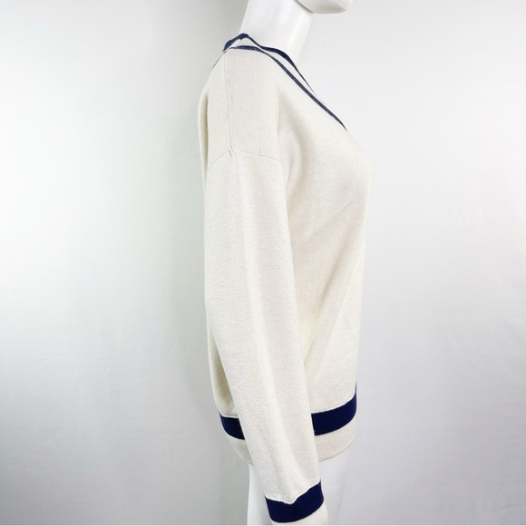 Mila Owen Women's Ivory Knit Pullover Sweater Sailor Stripe V-Neck Size F Large - Picture 5 of 8